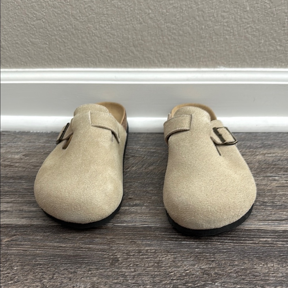 Beige Suede Buckle Clogs